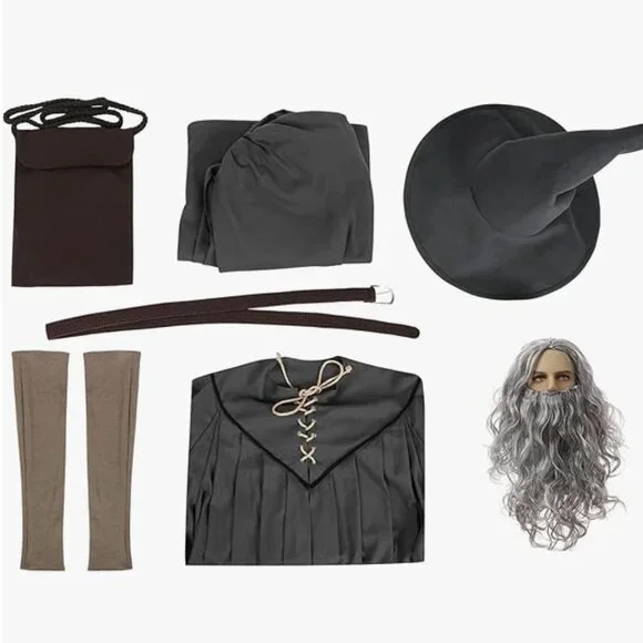 Gandolf Costume Mens Gray Robe Hooded Cloak with Hat Grey Wizard - Picture 4 of 6